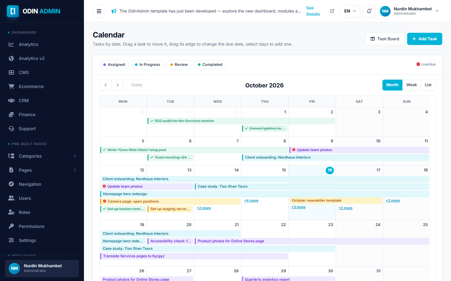 ODIN ADMIN — Calendar